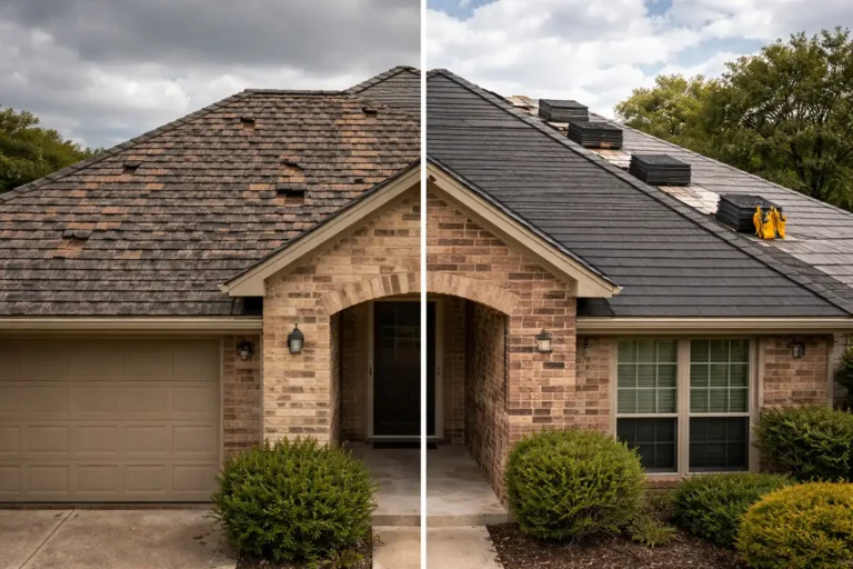 Split image comparing a worn depreciated roof on the left with a brand new roof on the right on a Texas suburban home