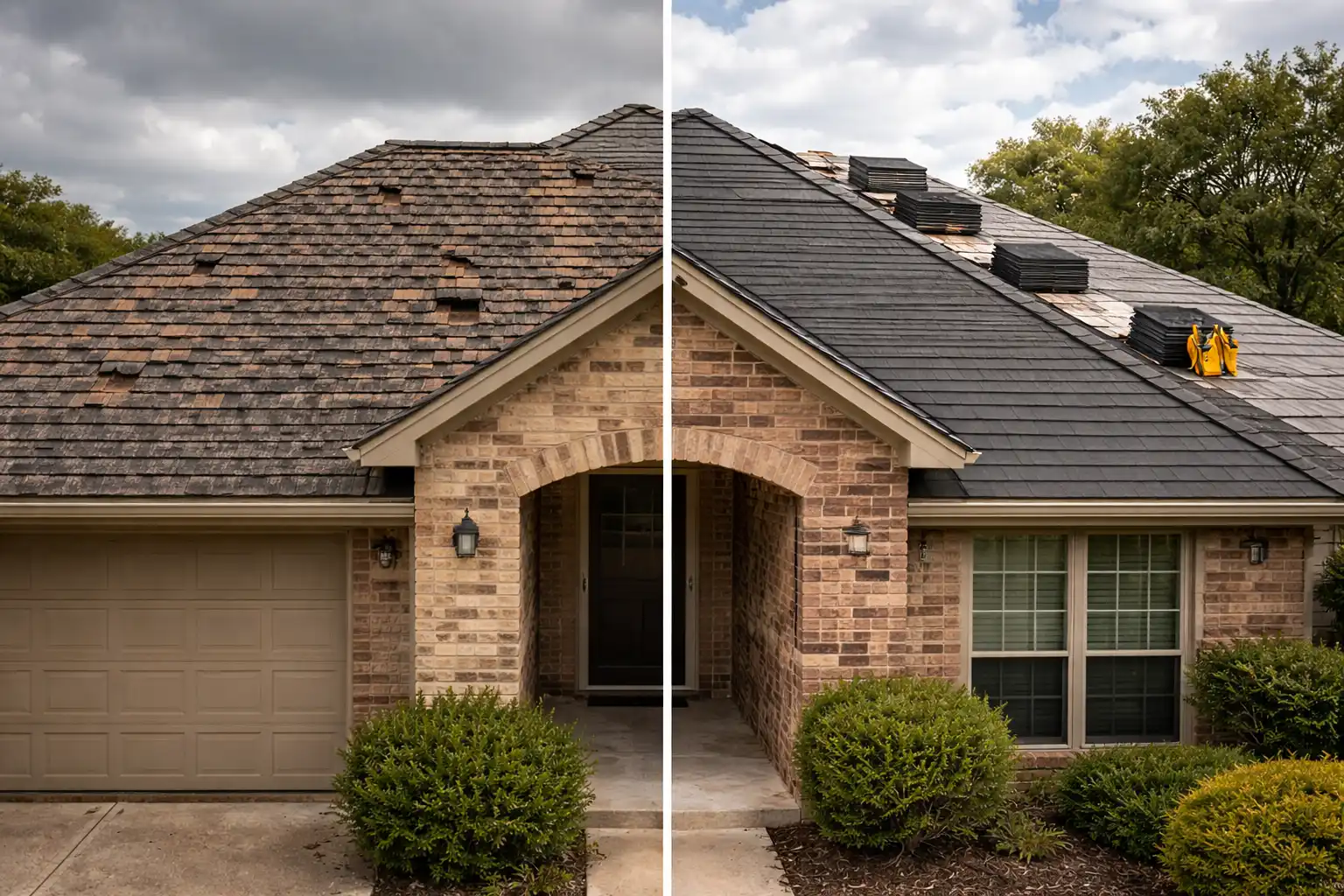 Split image comparing a worn depreciated roof on the left with a brand new roof on the right on a Texas suburban home