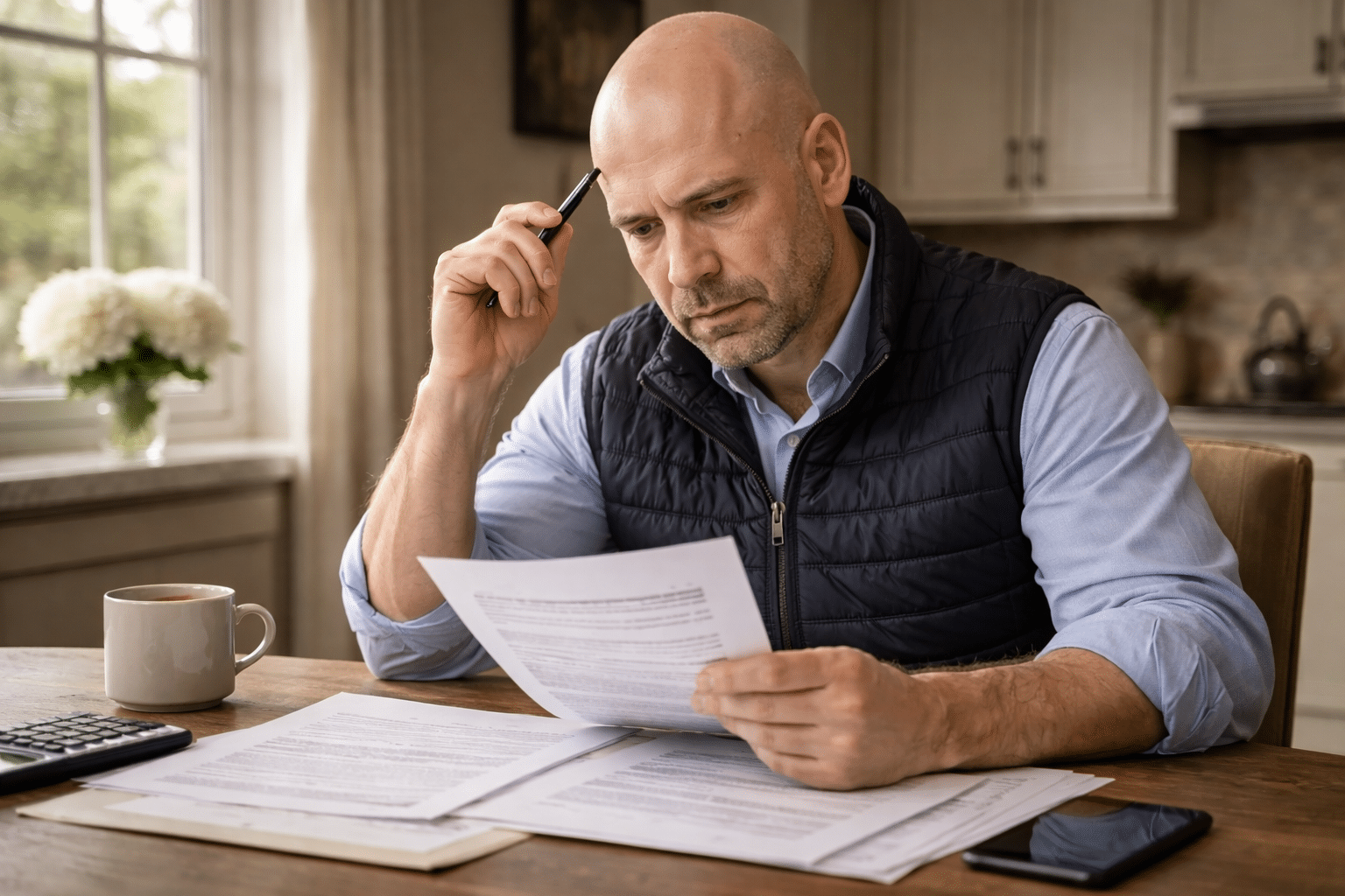 Texas homeowner reviewing an insurance denial letter at a kitchen table with policy documents spread out