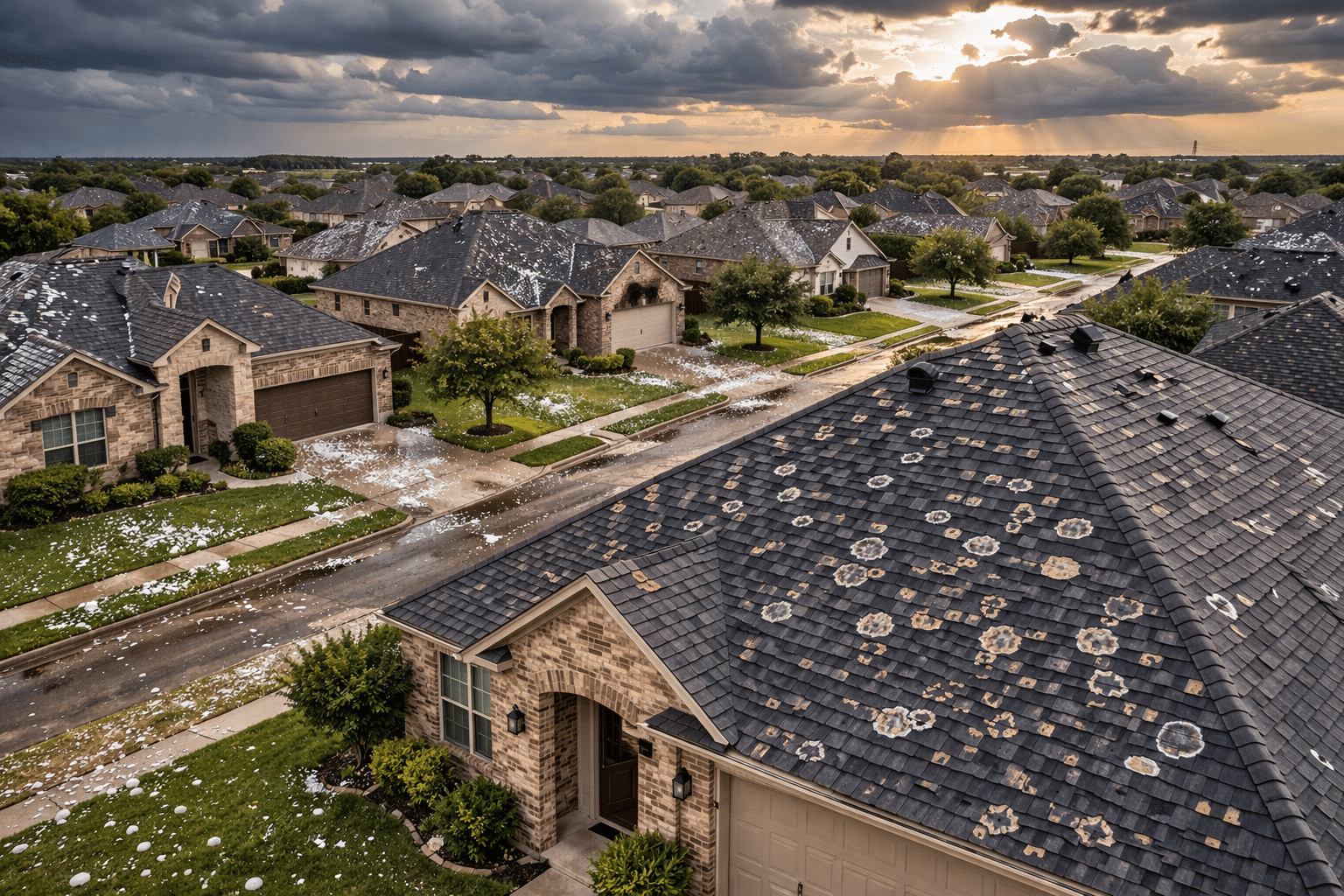 Aerial view of Texas suburban neighborhood rooftops showing hail damage after a storm with hailstones visible on the ground