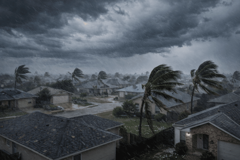Texas Gulf Coast neighborhood homes during a hurricane with dark storm clouds and heavy rain showing conditions that trigger a hurricane deductible