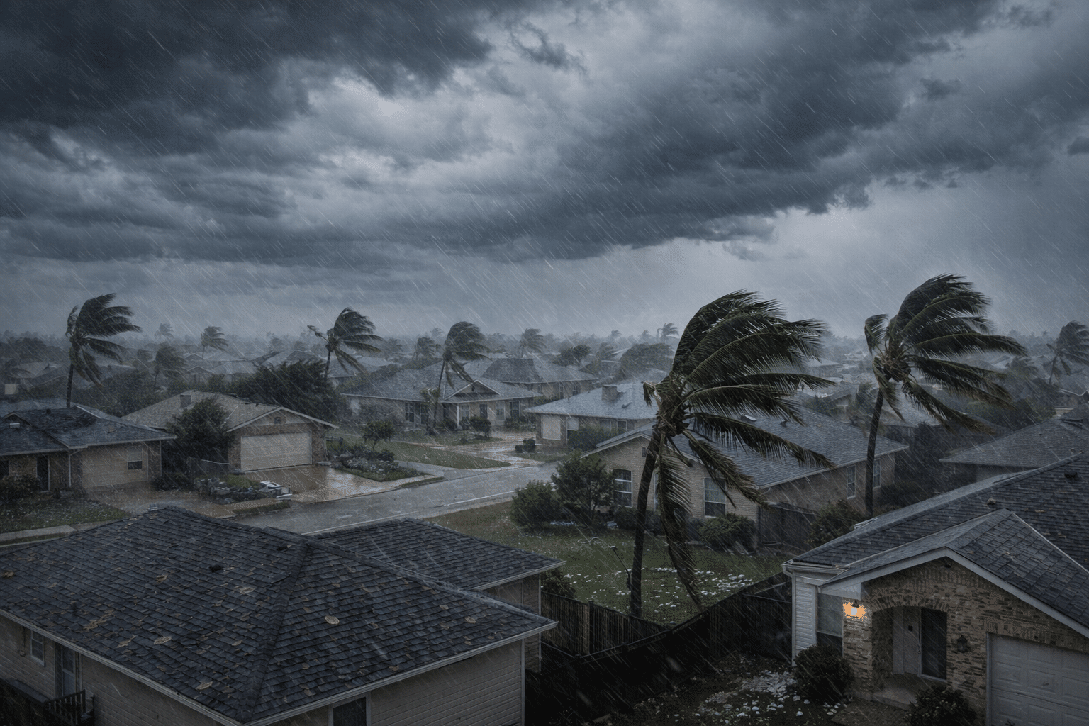 Texas Gulf Coast neighborhood homes during a hurricane with dark storm clouds and heavy rain showing conditions that trigger a hurricane deductible